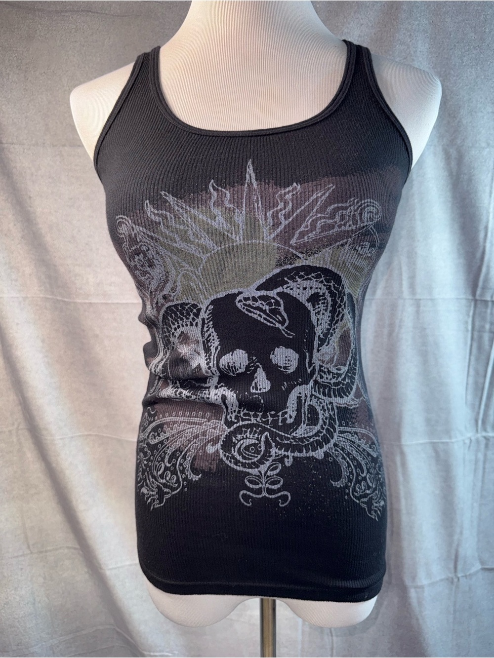 1698-L.O.L Black Skull Graphic Ribbed Tank Top